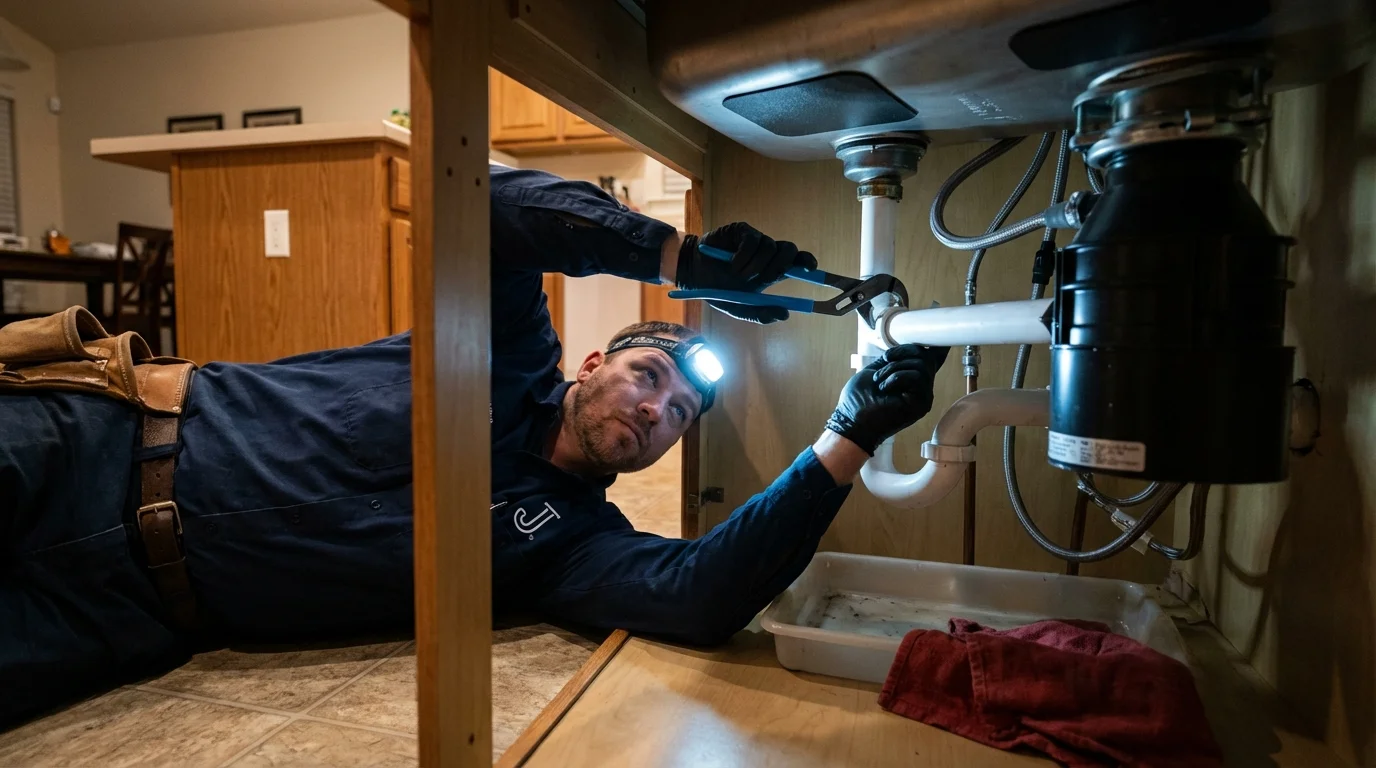P-trap and supply line connections under a kitchen sink showing a common leak point in Minerva, OH